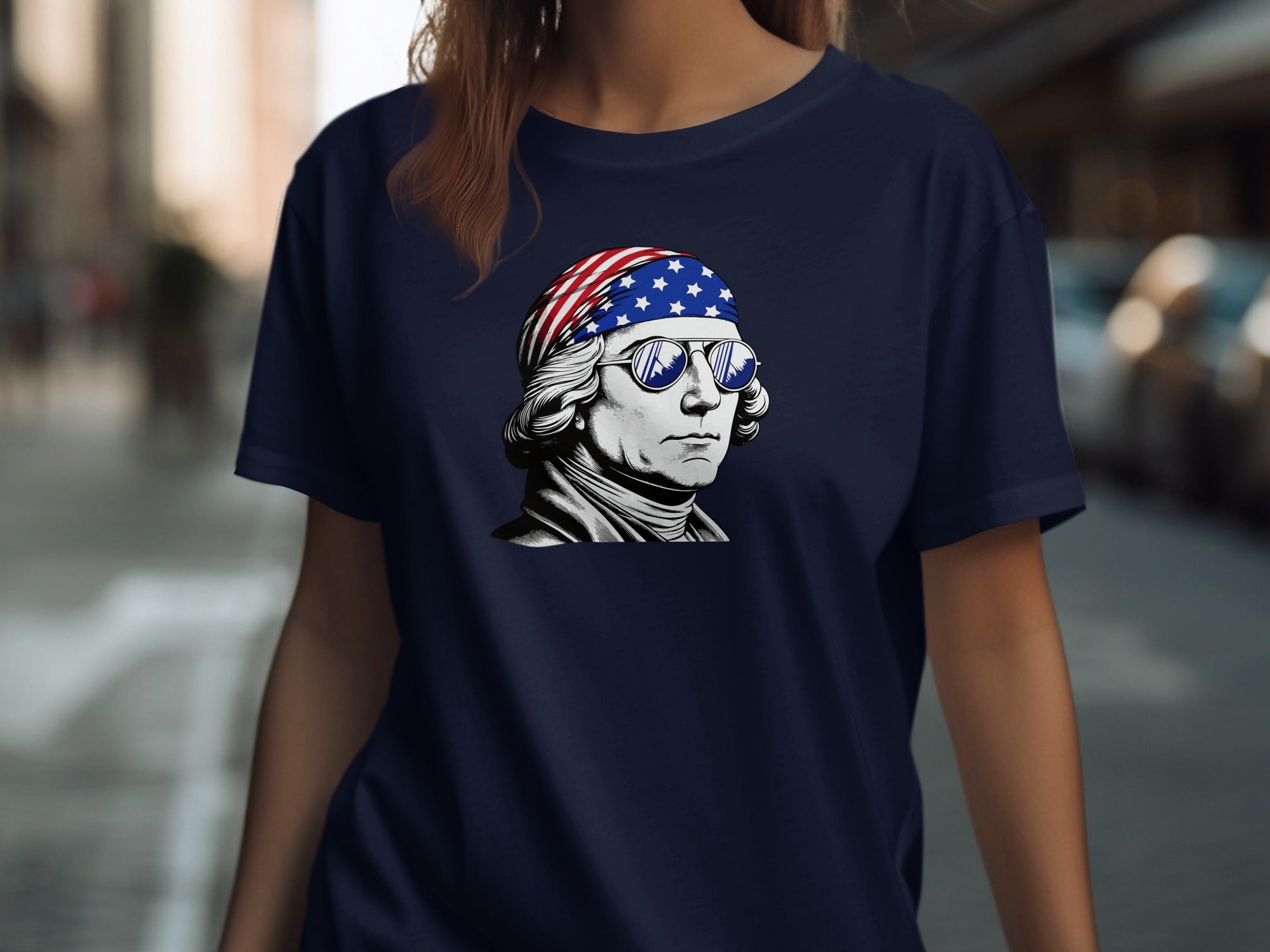 Navy t-shirt with George Washington graphic wearing American flag bandana and sunglasses.