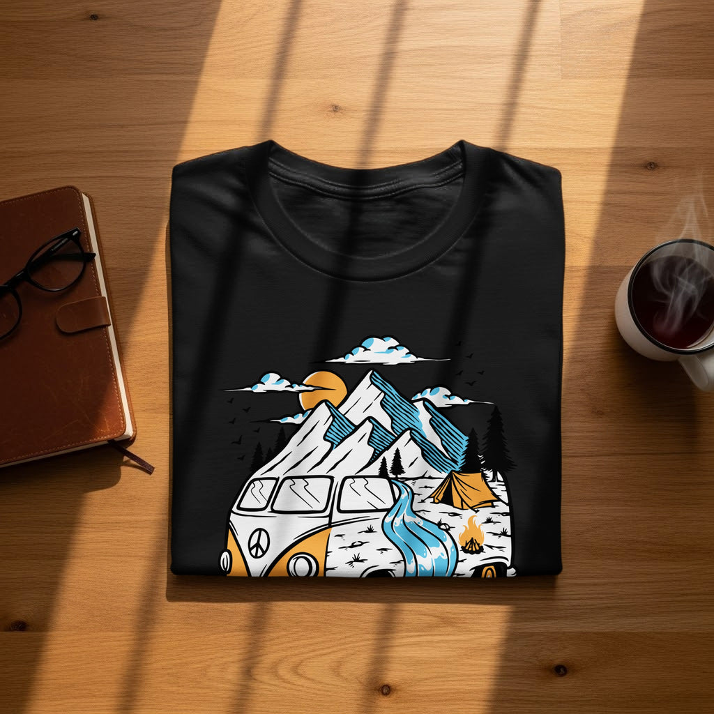 Black t-shirt with graphic of camper van, mountains, camping tent, and campfire.