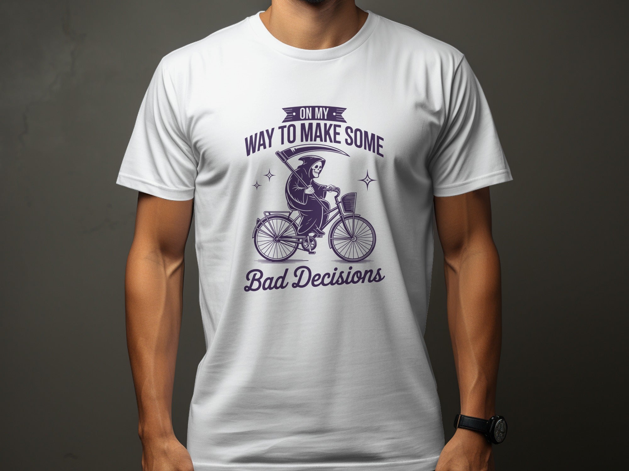 Grim Reaper on bicycle with text "On My Way To Make Some Bad Decisions".