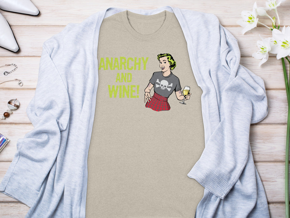 T-shirt with "Anarchy and Wine!" text and comic-style graphic of a woman holding wine.