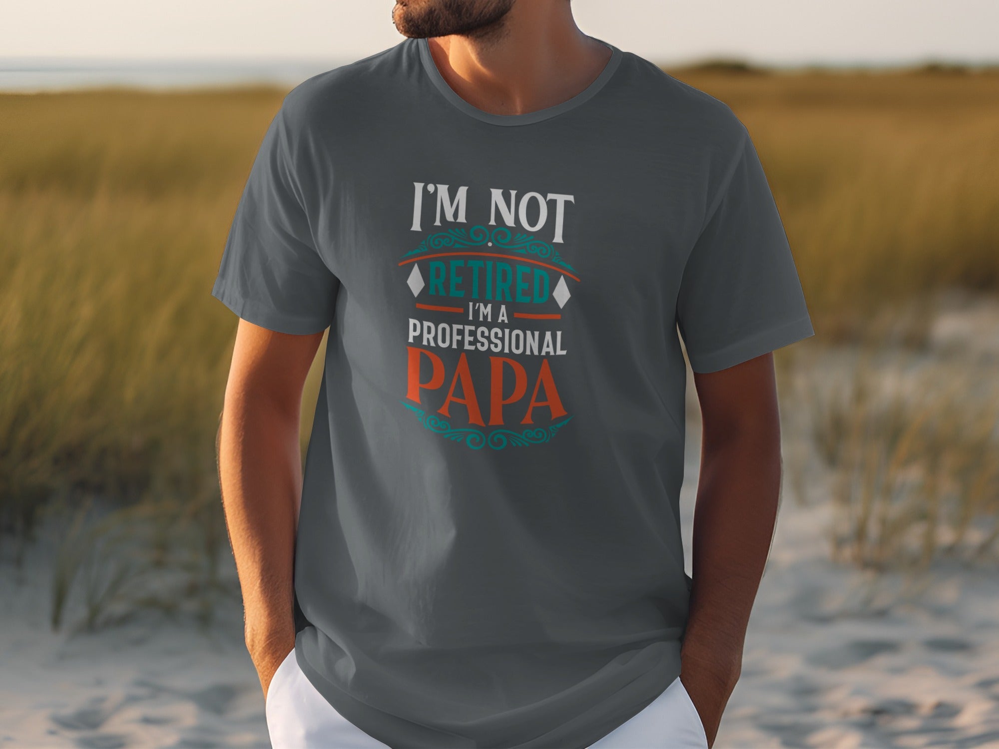 Gray t-shirt with "I'm not retired I'm a professional Papa" text.