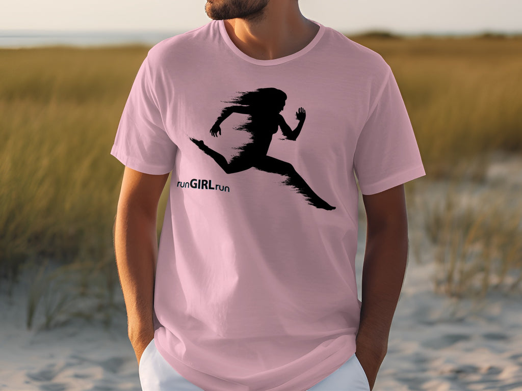 Pink t-shirt with black graphic of a woman running and text "runGIRLrun".