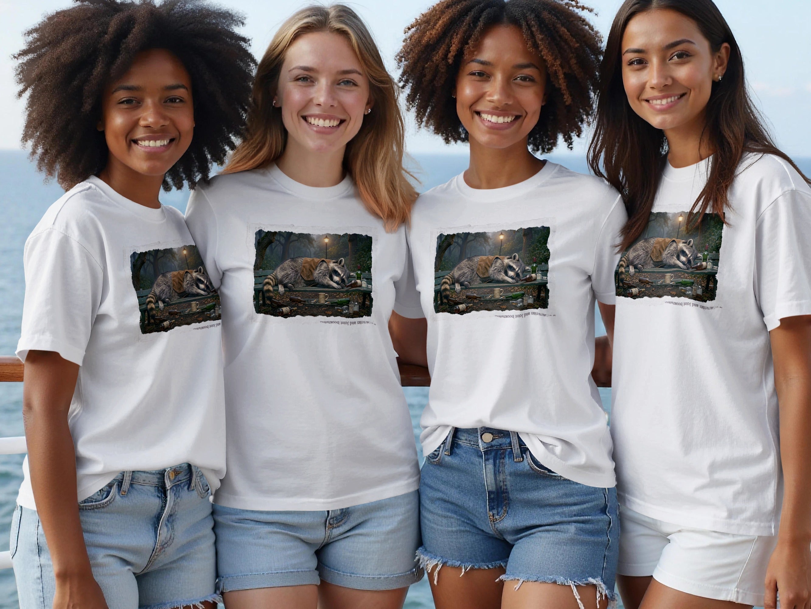 Four women wear white t-shirts with a graphic of a raccoon sleeping on a bench.
