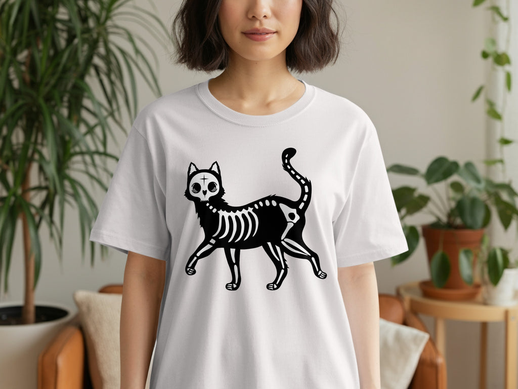 White t-shirt featuring a black skeleton cat graphic on the front.