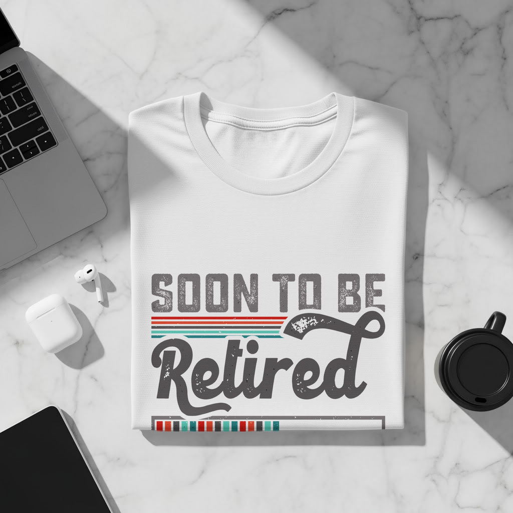 White t-shirt with "Soon to Be Retired" text and retro stripes.