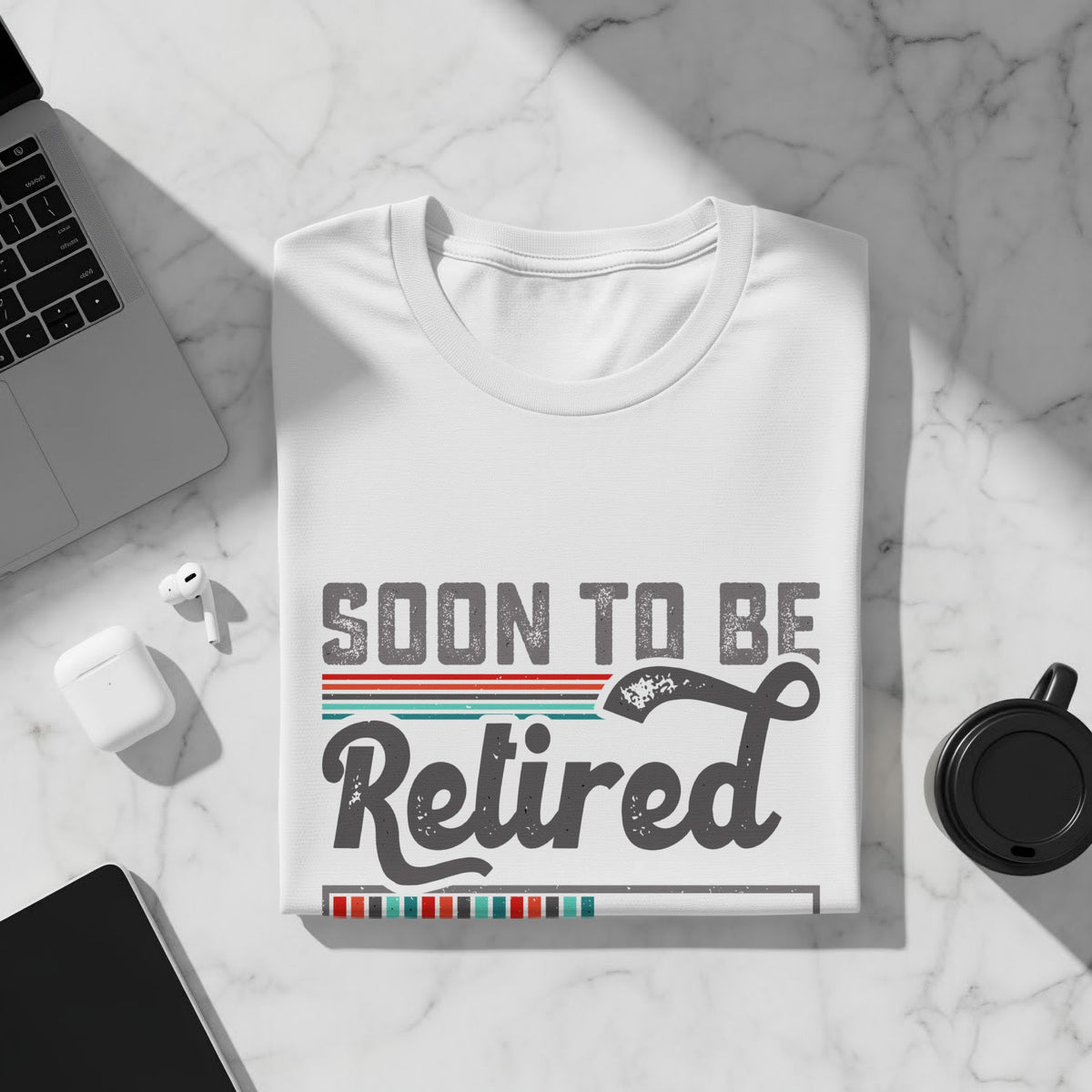 White t-shirt with "Soon to Be Retired" text and retro stripes.