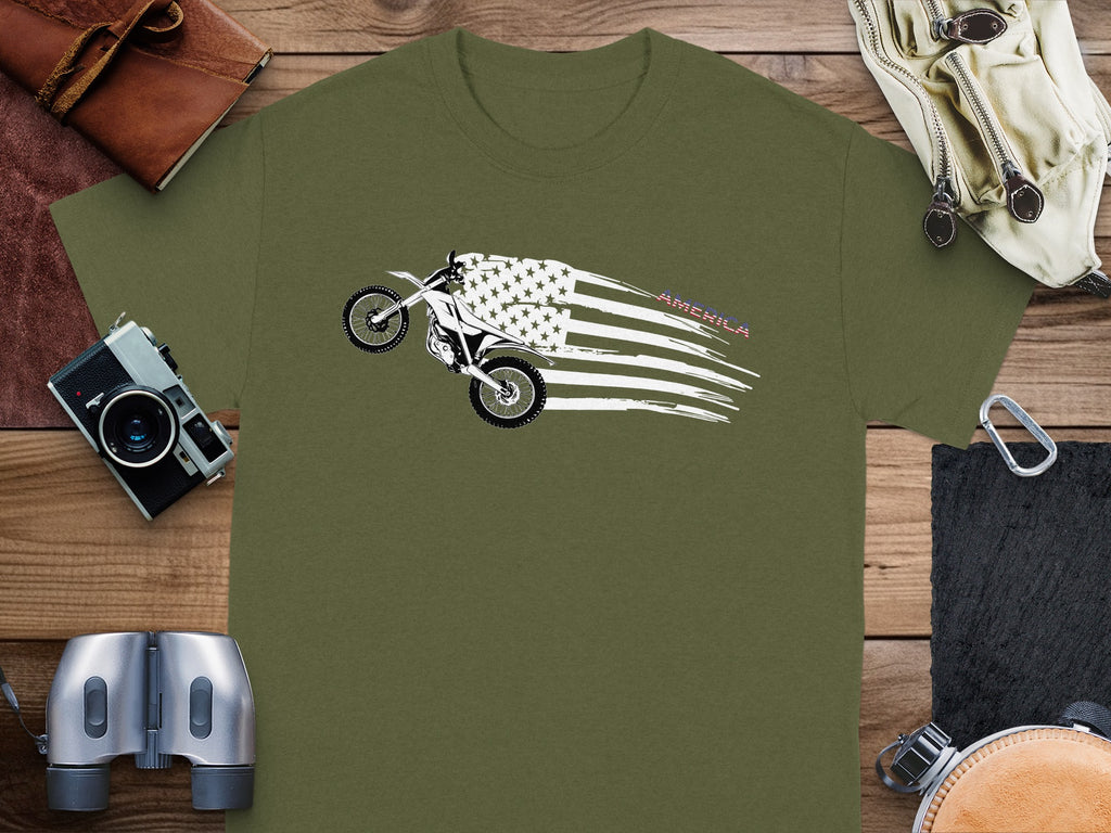Green t-shirt with motocross rider and American flag graphic.