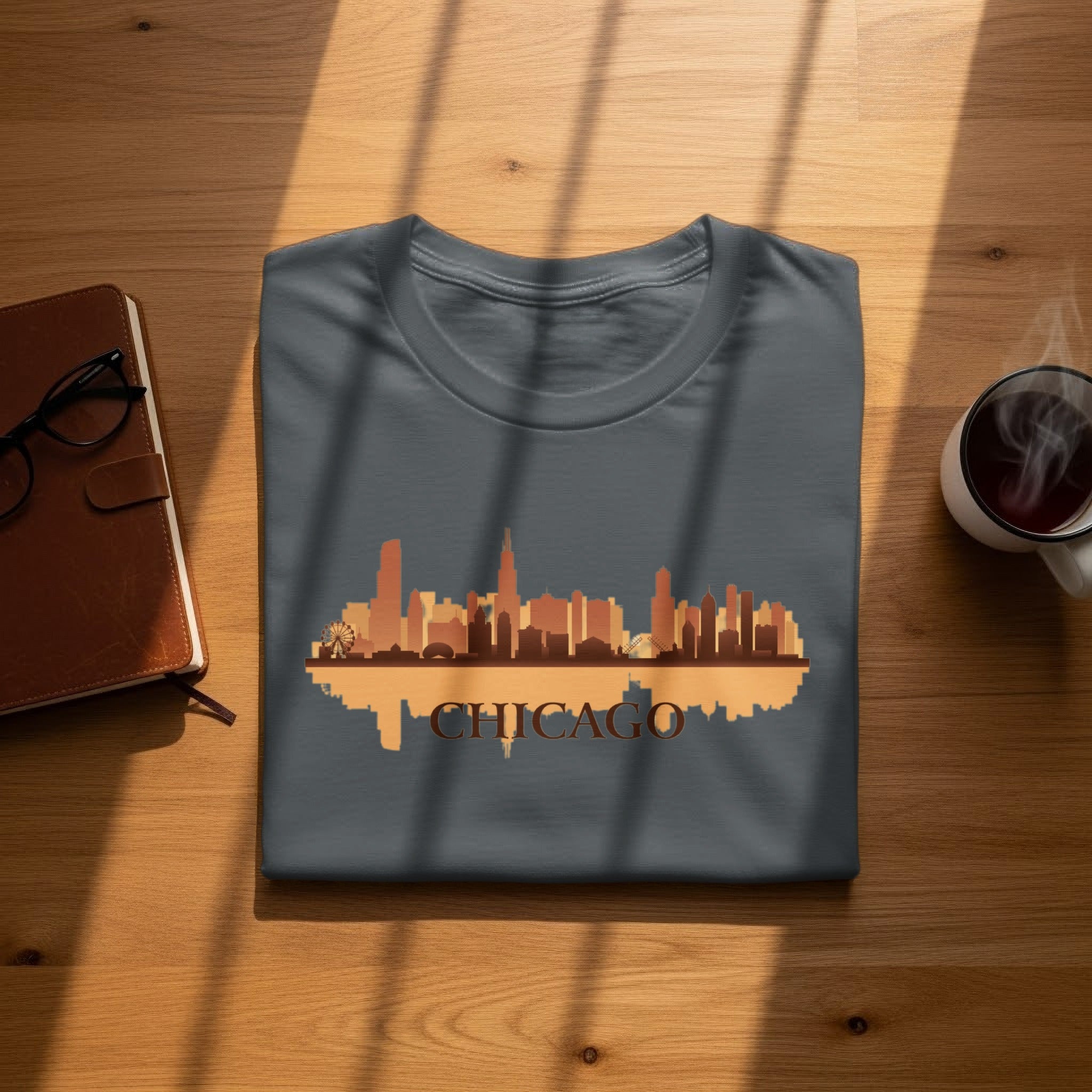 Dark gray t-shirt with Chicago skyline graphic and text.