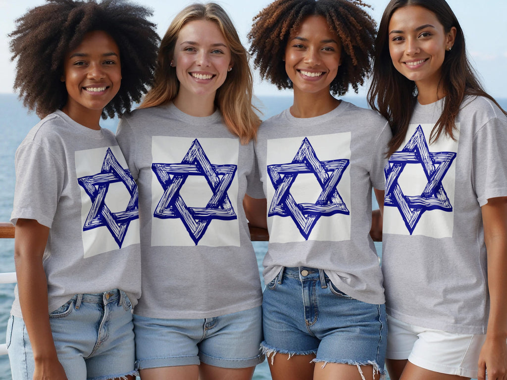 Four smiling women in grey t-shirts with a blue Star of David design.