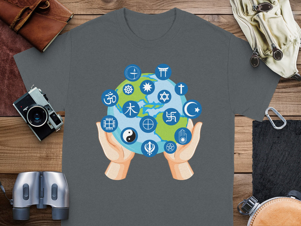 Hands hold Earth with symbols of various religions and beliefs.