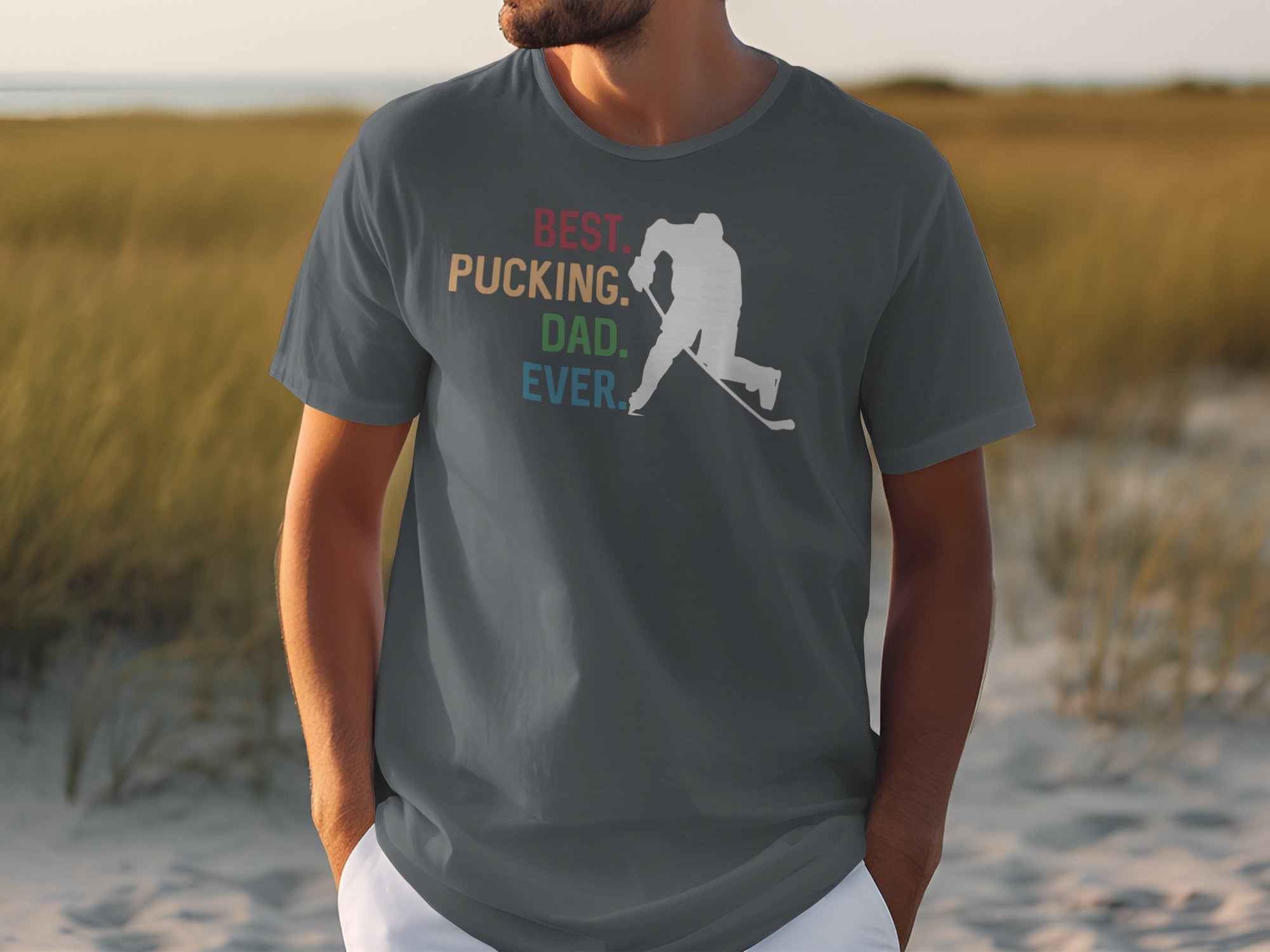 Dark grey t-shirt with "BEST. PUCKING. DAD. EVER." and hockey player graphic.