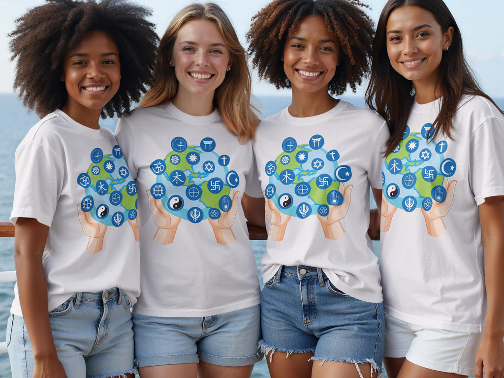 Four young women wear white t-shirts featuring a globe with diverse religious symbols.