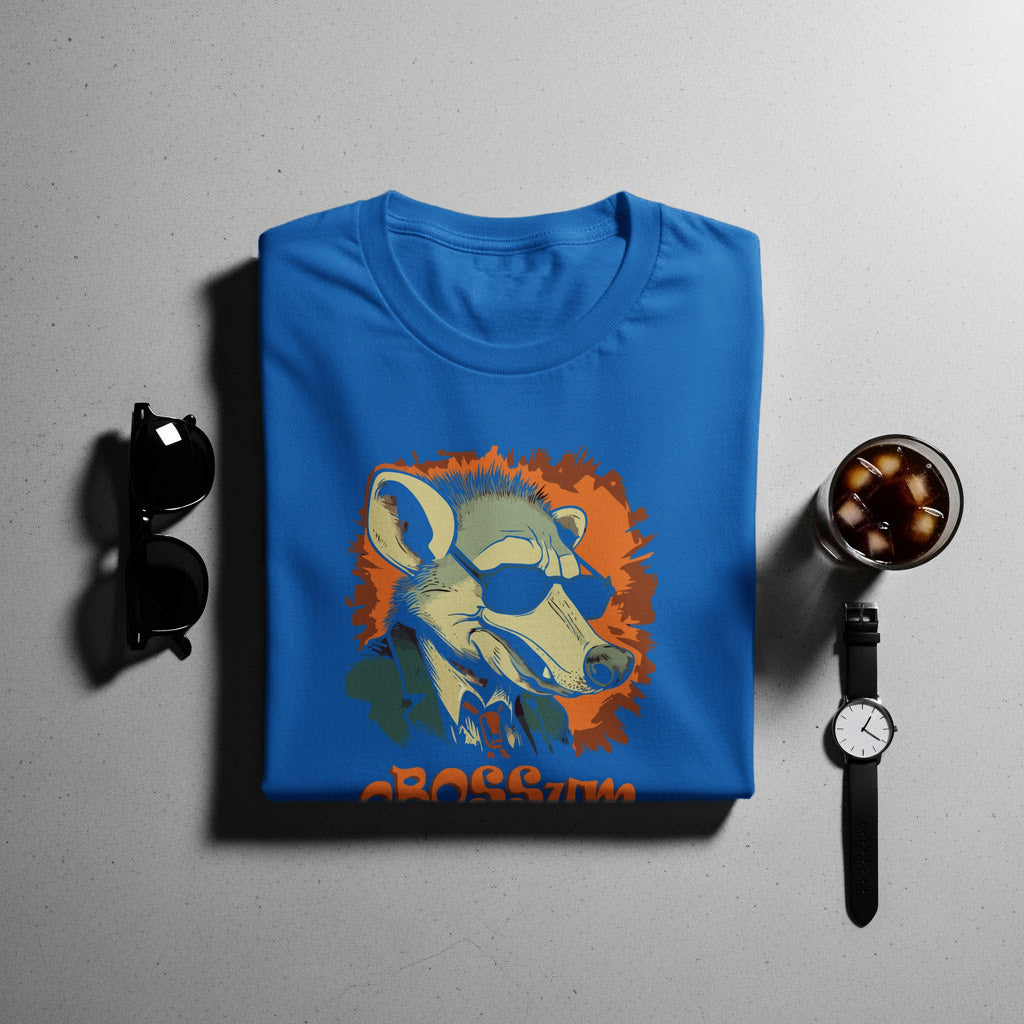 Blue t-shirt with a graphic of a raccoon wearing sunglasses, with text.