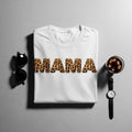 White t-shirt with "MAMA" in leopard print letters.