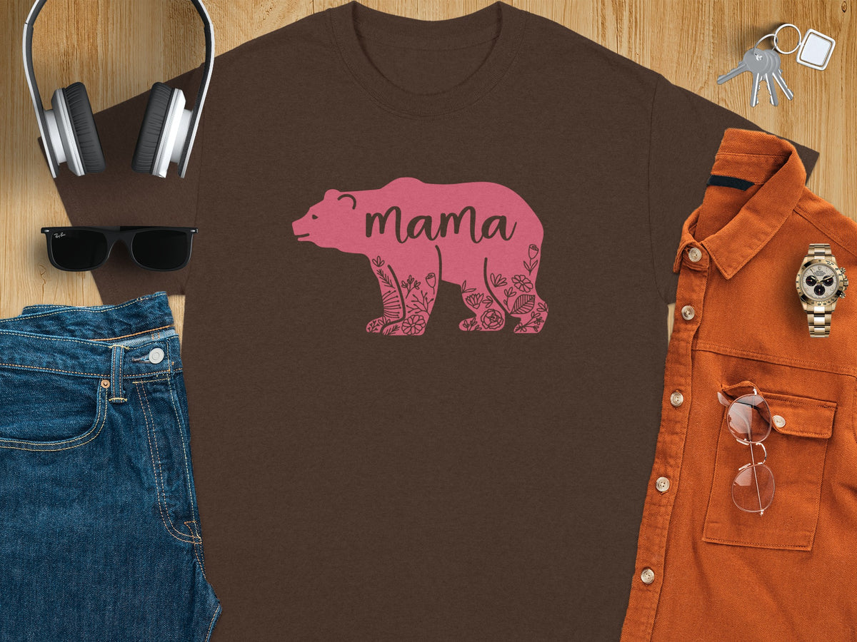 Brown t-shirt with pink bear and floral design that reads "mama".