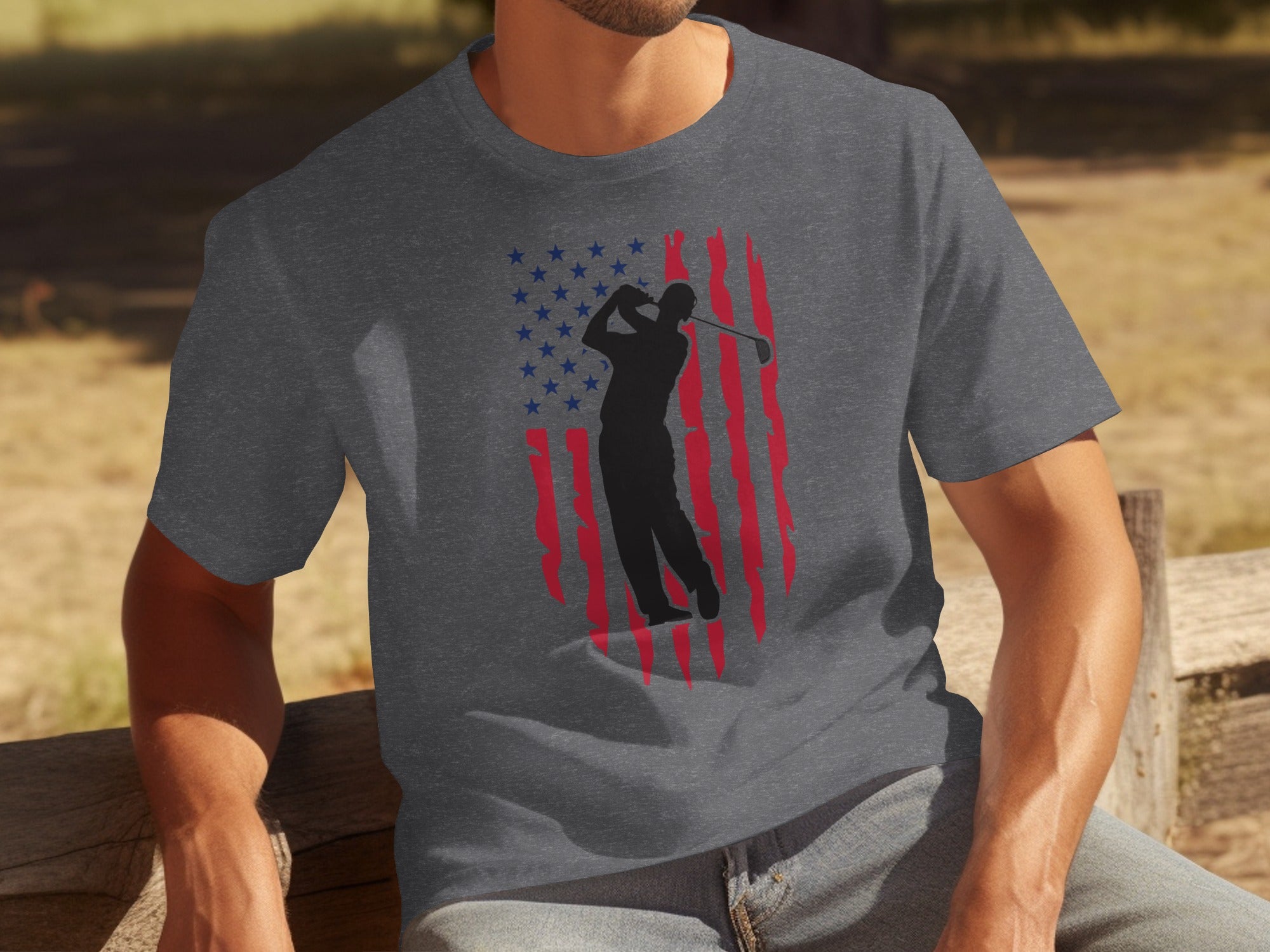 Dark grey t-shirt with distressed American flag and golfer silhouette graphic.