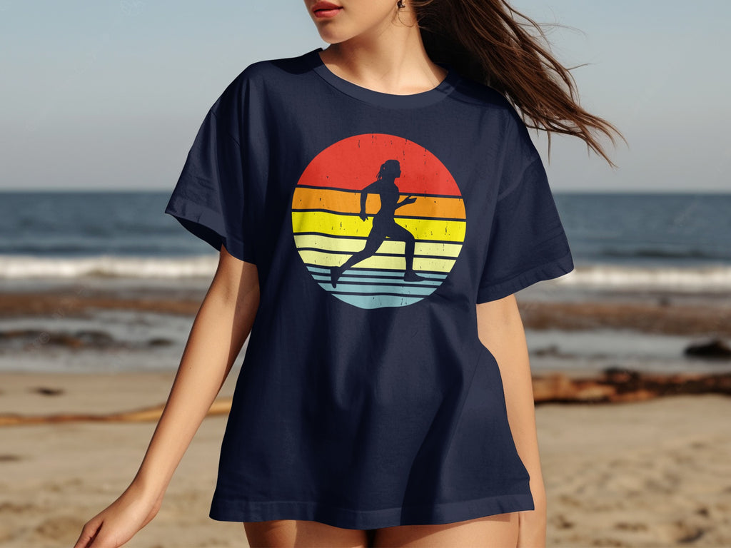 Dark blue t-shirt featuring a sunset graphic with running silhouette.