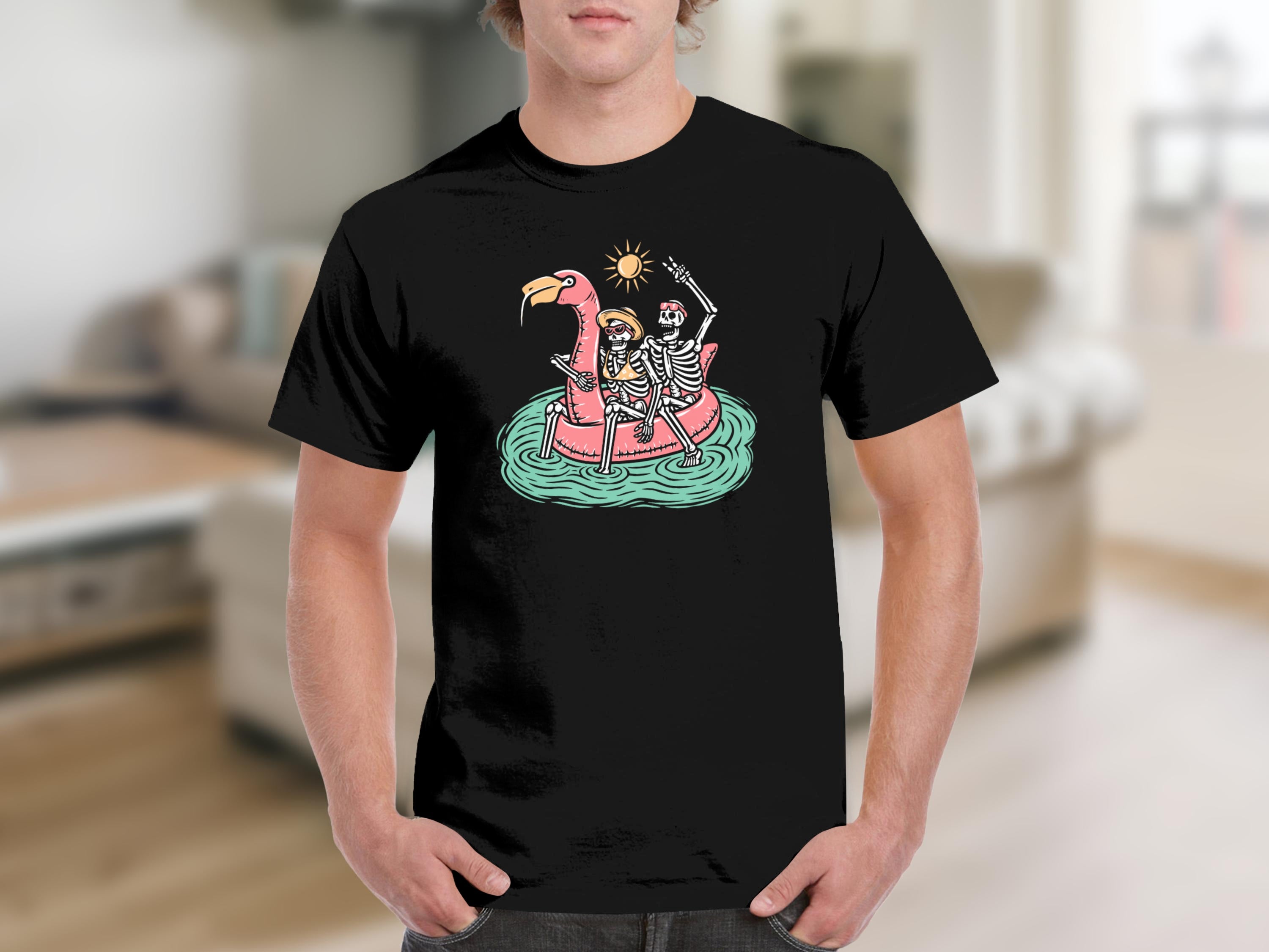 Two skeletons ride a pink flamingo float under a smiling sun.