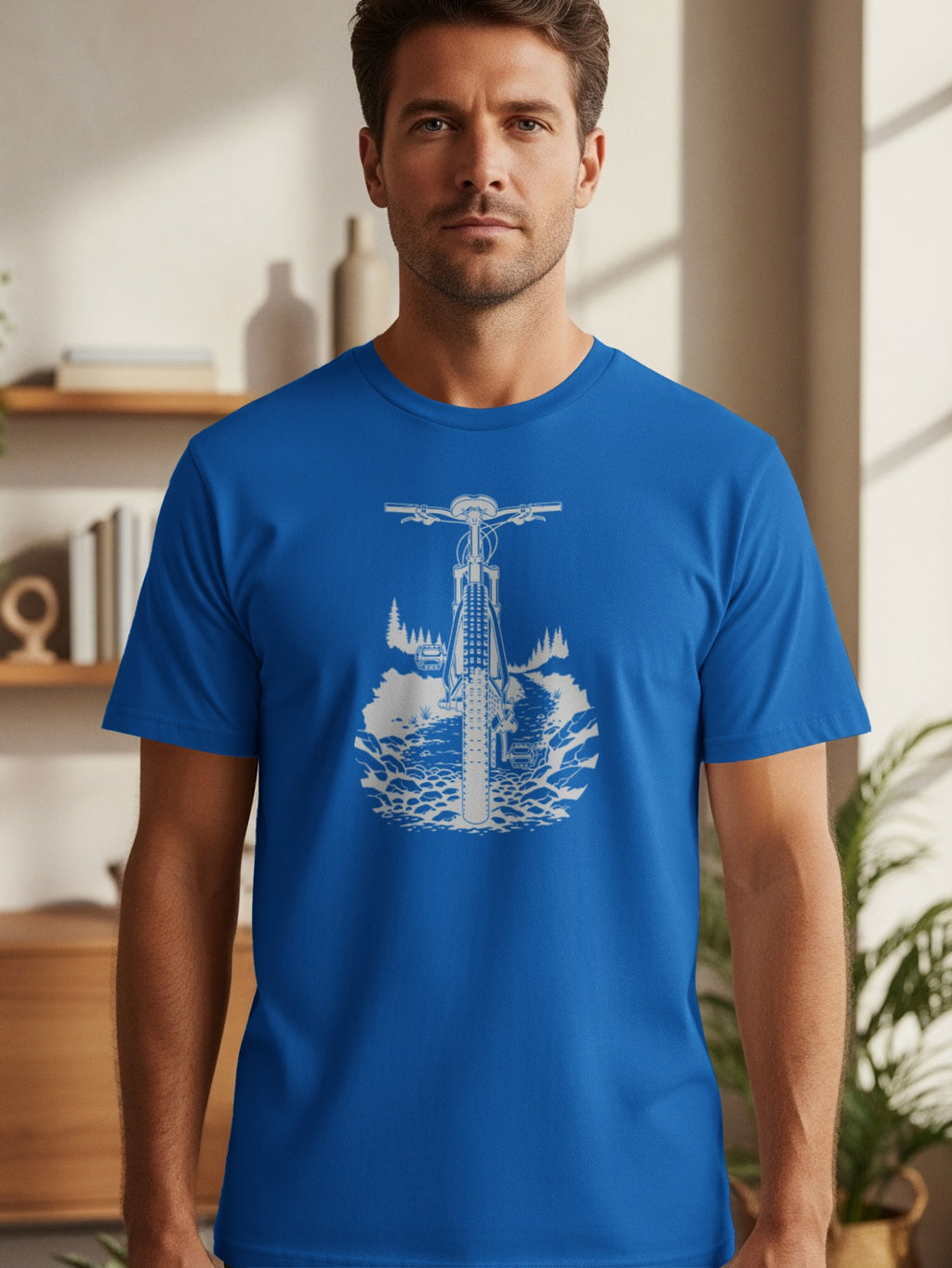 Blue t-shirt with a white graphic of a bicycle on a trail.