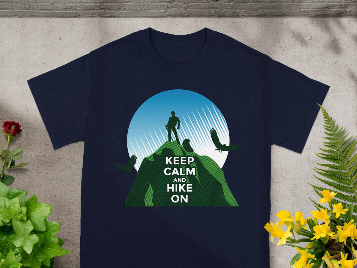 Navy t-shirt with "Keep Calm and Hike On" graphic featuring a hiker and birds on a mountain.