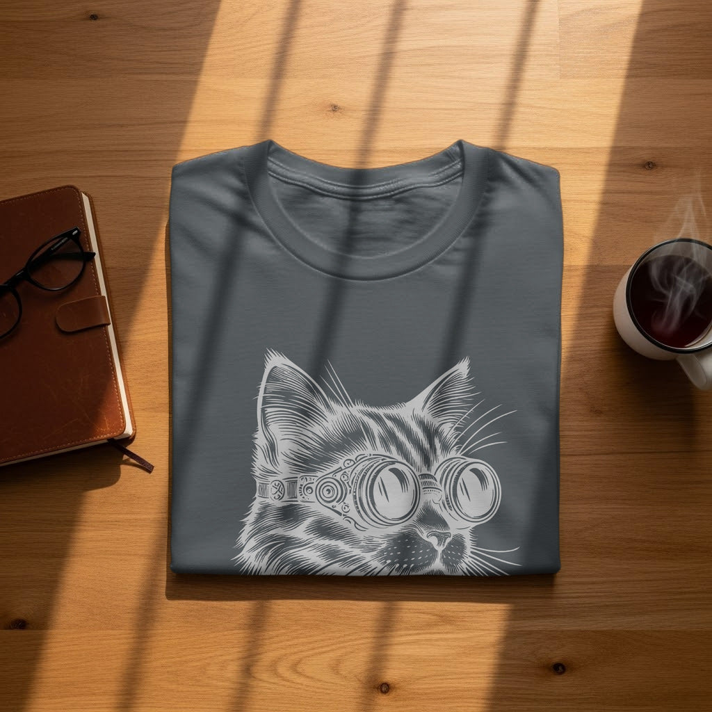 Grey t-shirt with a white line drawing of a cat wearing goggles.