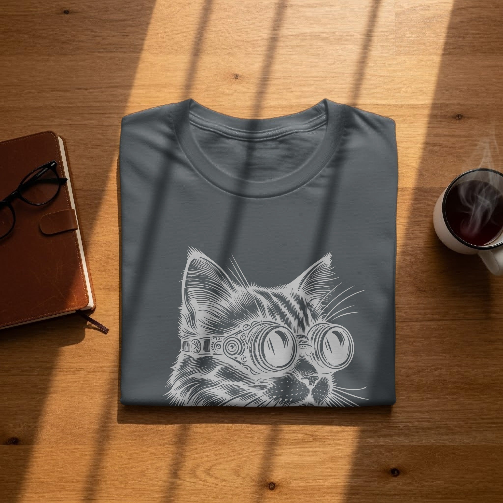 Grey t-shirt with a white line drawing of a cat wearing goggles.