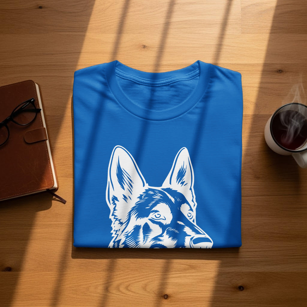 Blue t-shirt with a blue linework German Shepherd dog graphic.