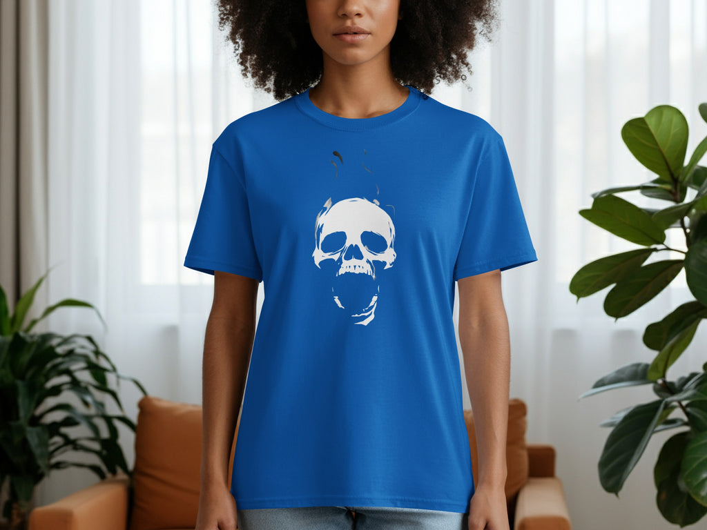 Blue t-shirt with a screaming white skull graphic and metallic accents.