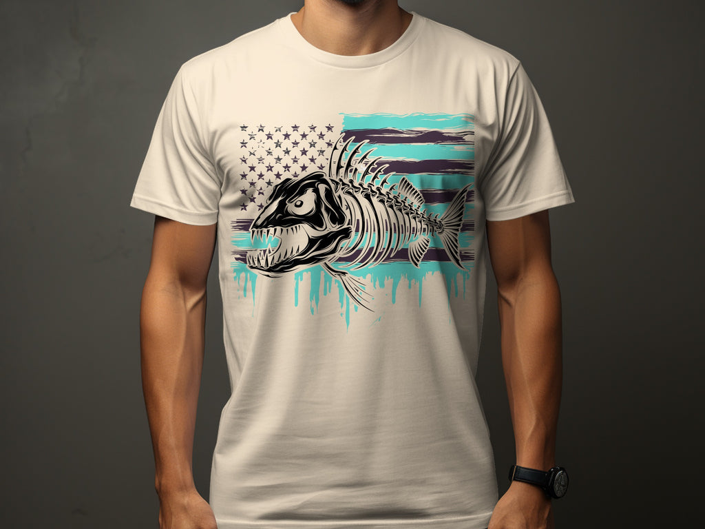 Fish skeleton graphic on cream t-shirt with distressed American flag background.