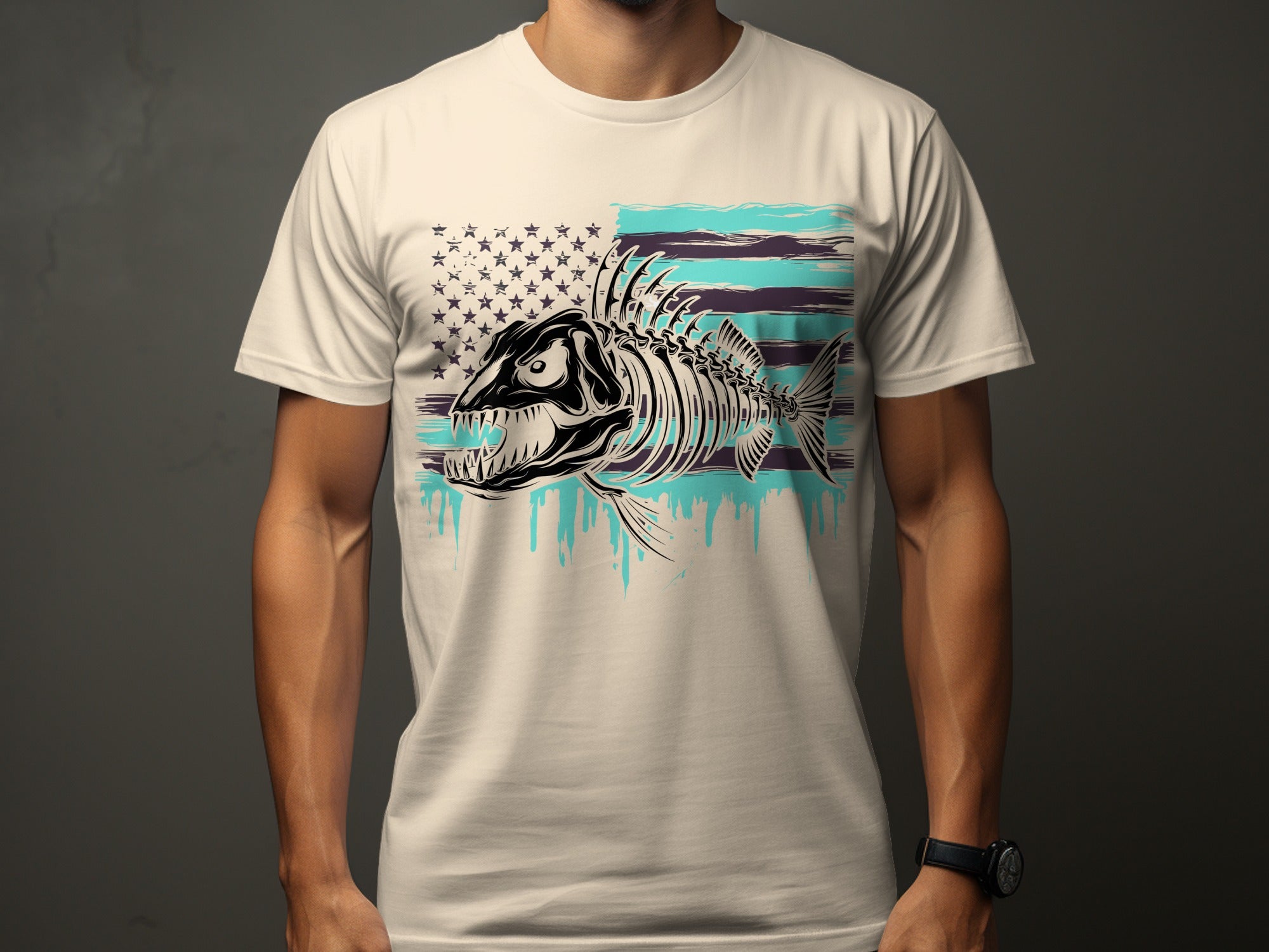 Fish skeleton graphic on cream t-shirt with distressed American flag background.