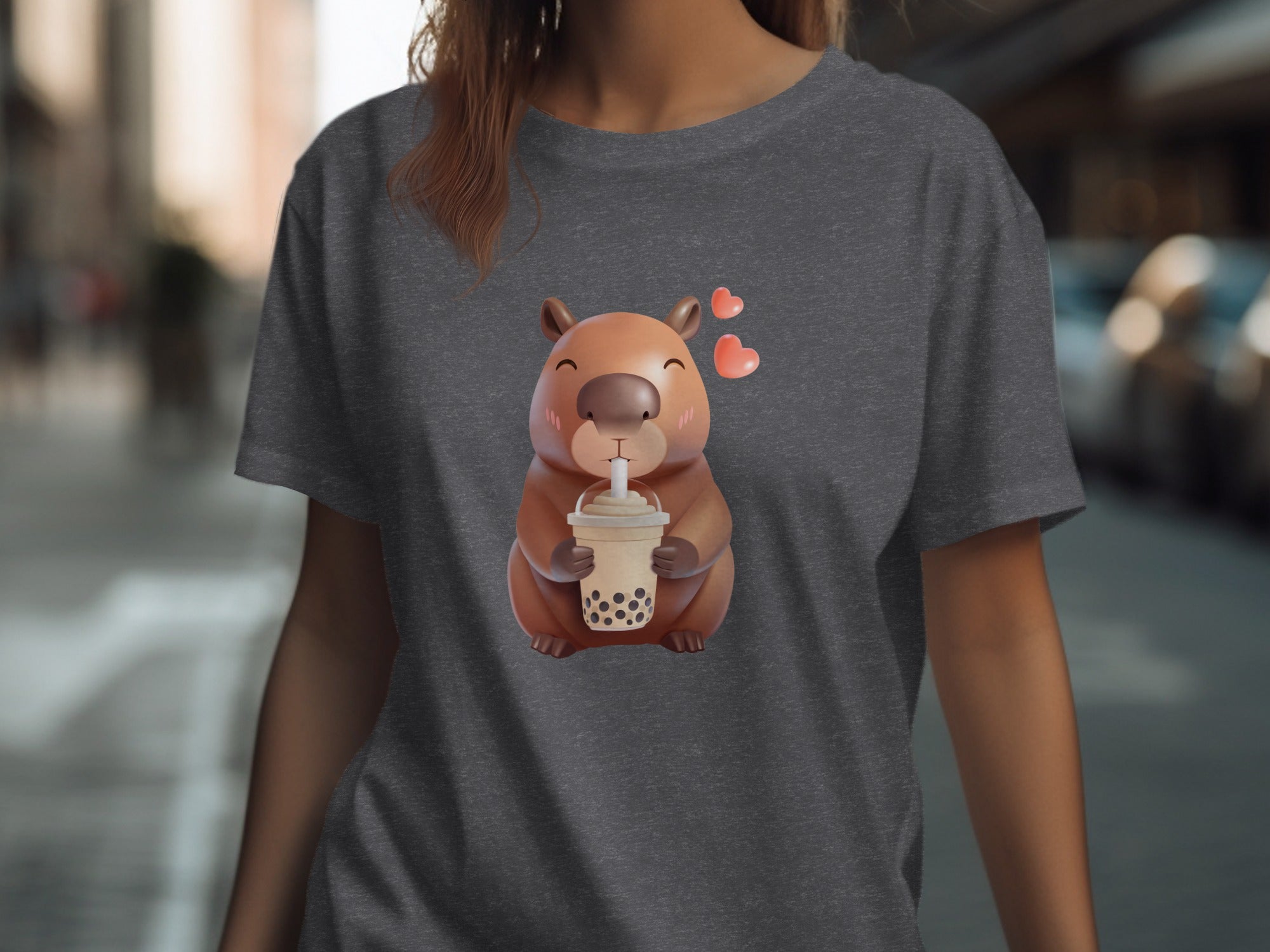 Cartoon capybara holding a bubble tea with pink hearts above its head.