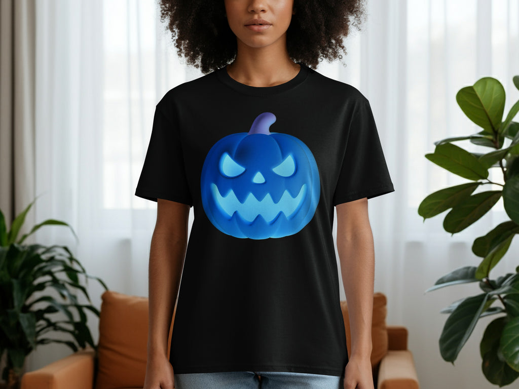 Black t-shirt on a person featuring a glowing blue jack-o'-lantern graphic.