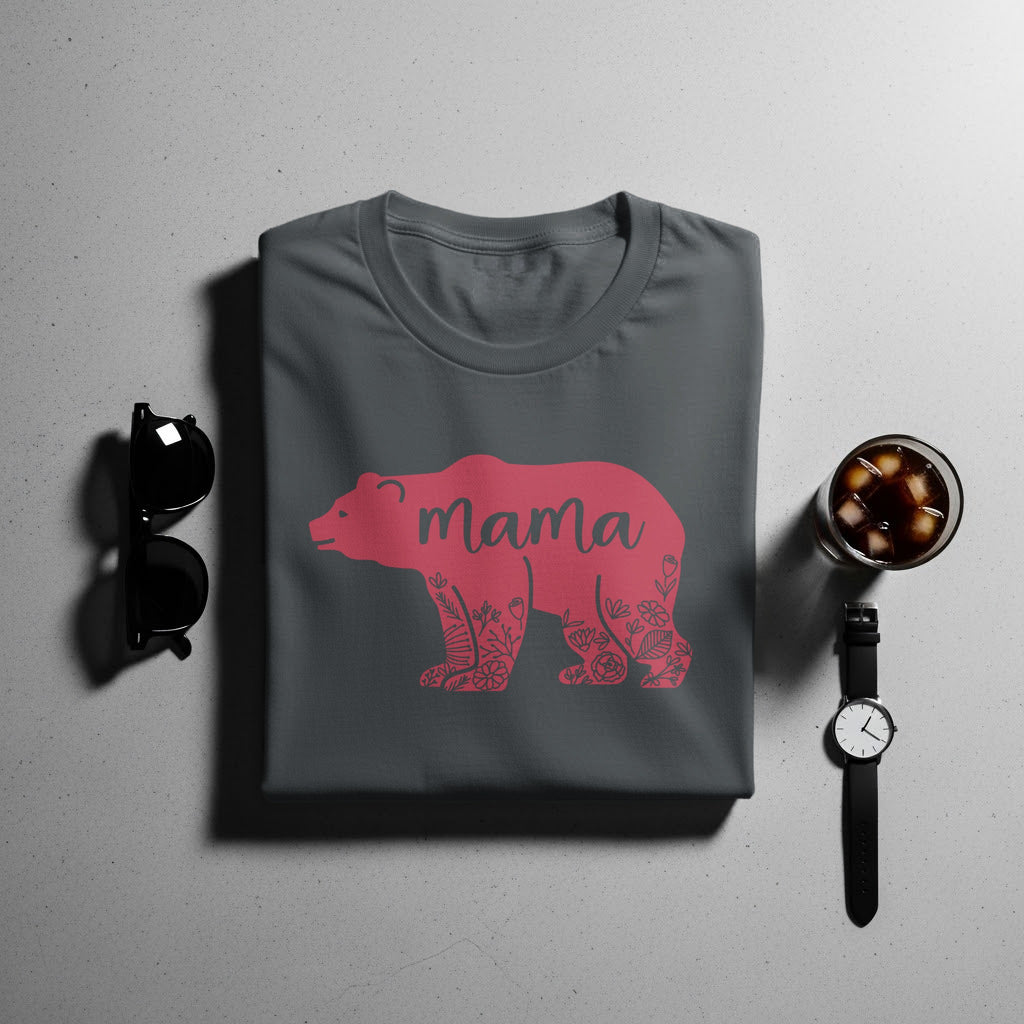 Gray t-shirt with a pink floral bear graphic and the word "Mama".