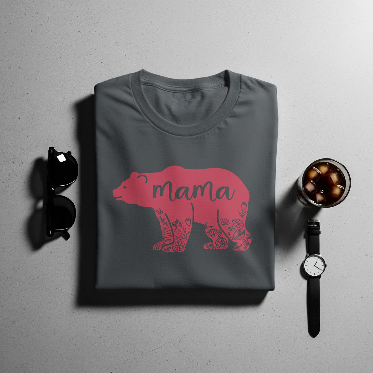 Gray t-shirt with a pink floral bear graphic and the word "Mama".