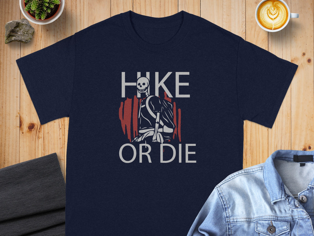 Navy t-shirt with a skeleton graphic and "Hike Or Die" text.