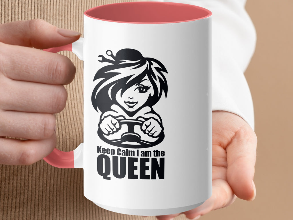White mug with pink interior features black graphic and text "Keep Calm I am the QUEEN".