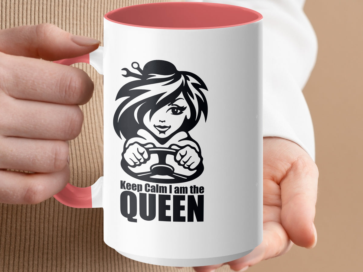 White mug with pink interior features black graphic and text "Keep Calm I am the QUEEN".