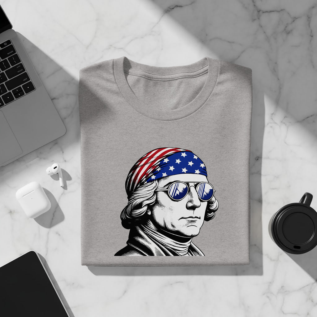 Grey t-shirt with George Washington wearing an American flag bandana and sunglasses.