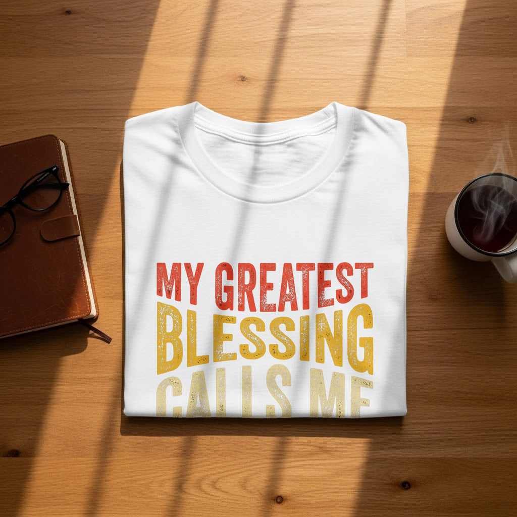 White t-shirt with distressed text: My Greatest Blessing Calls Me