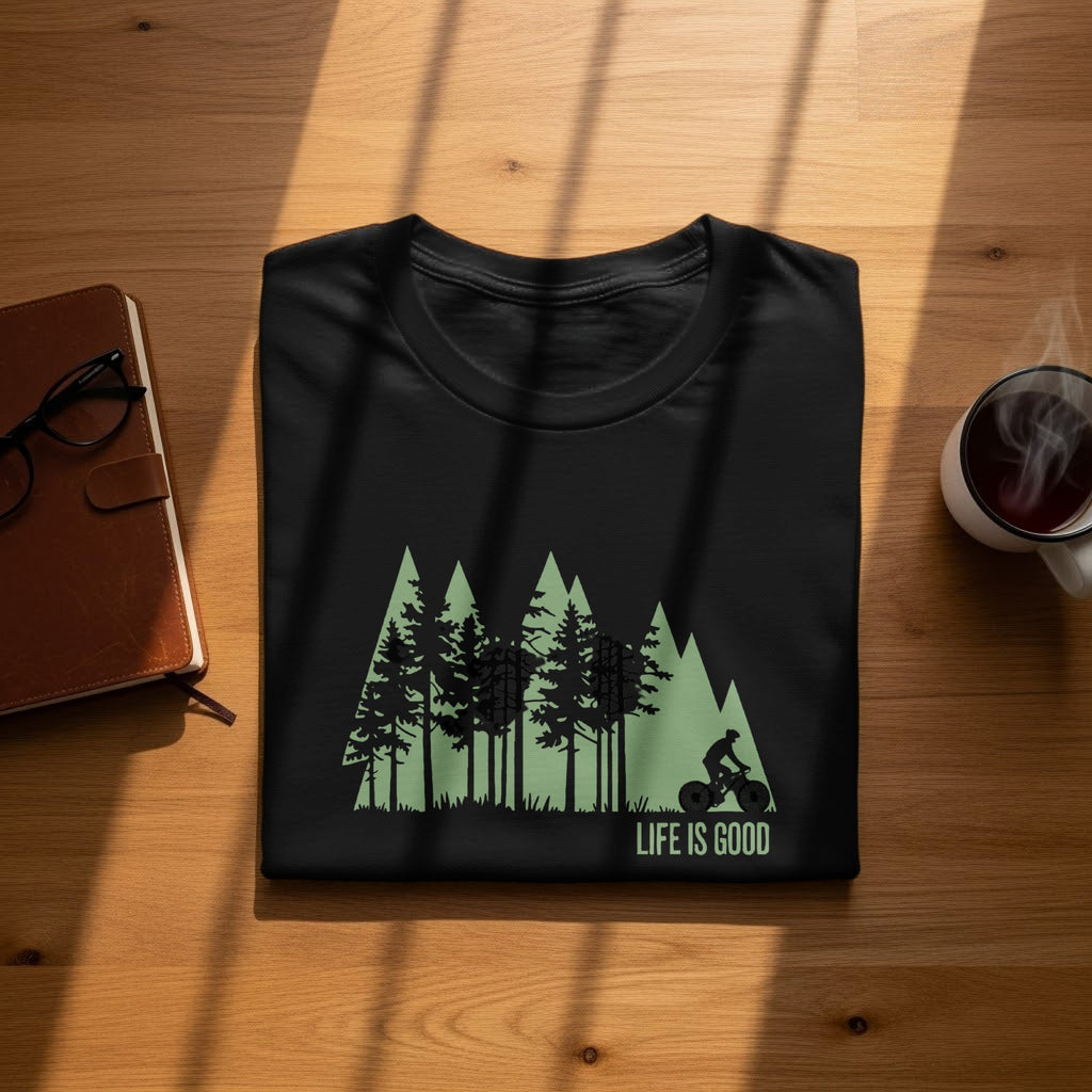 Black t-shirt with a green forest and mountain graphic and the text "LIFE IS GOOD".