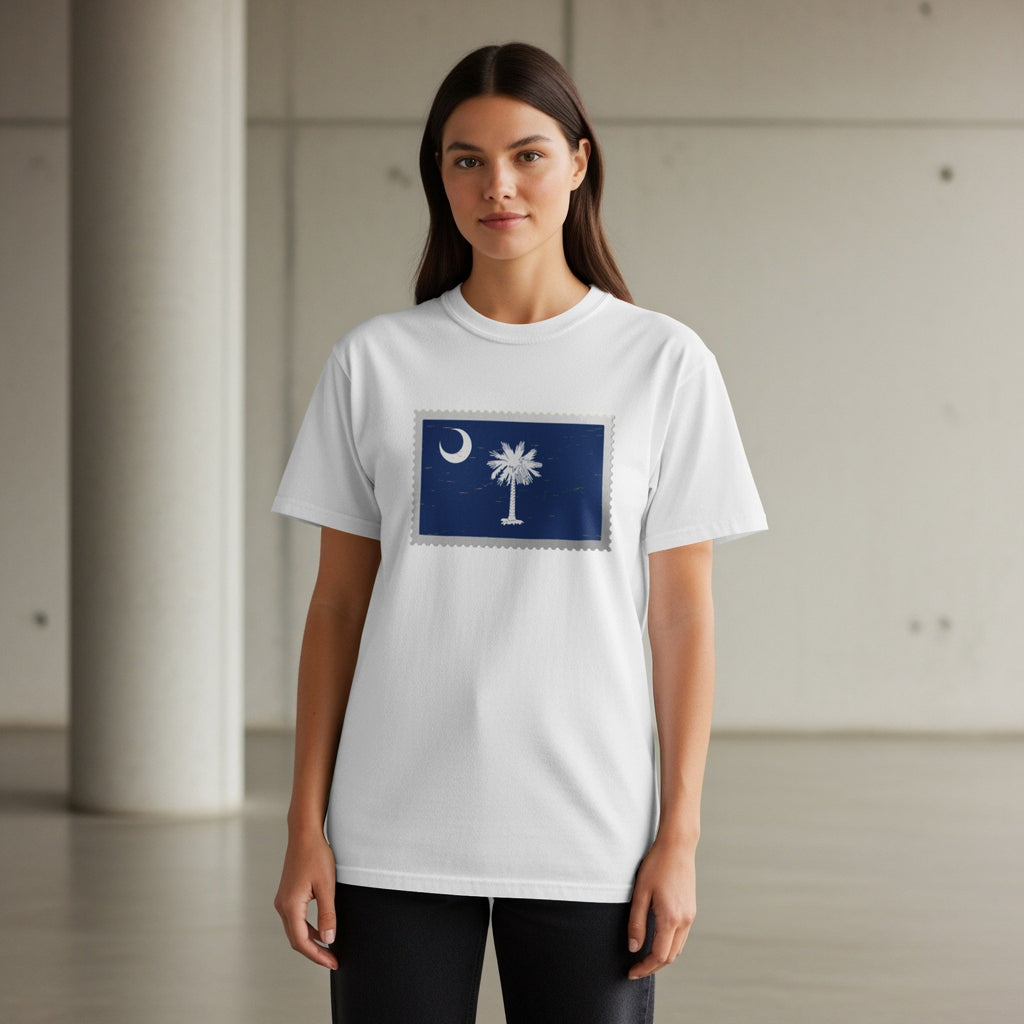 White t-shirt with South Carolina flag design resembling a postage stamp.