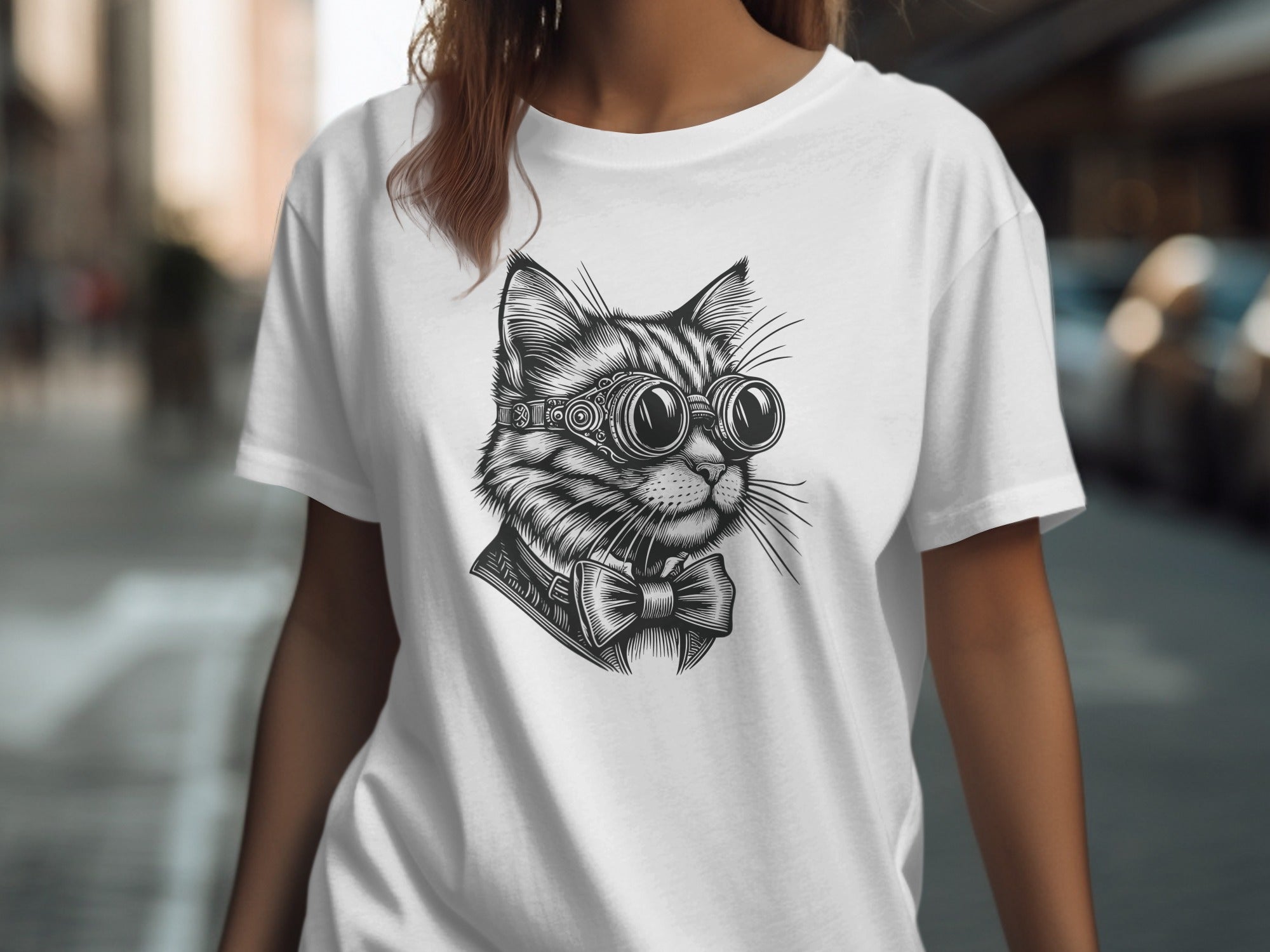 T-shirt with black and white illustration of a cat wearing goggles and a bow tie.