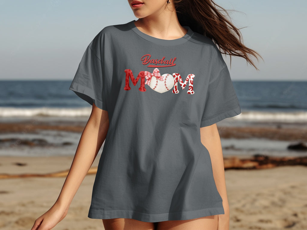 Gray t-shirt with "Baseball MOM" text, featuring a baseball heart.