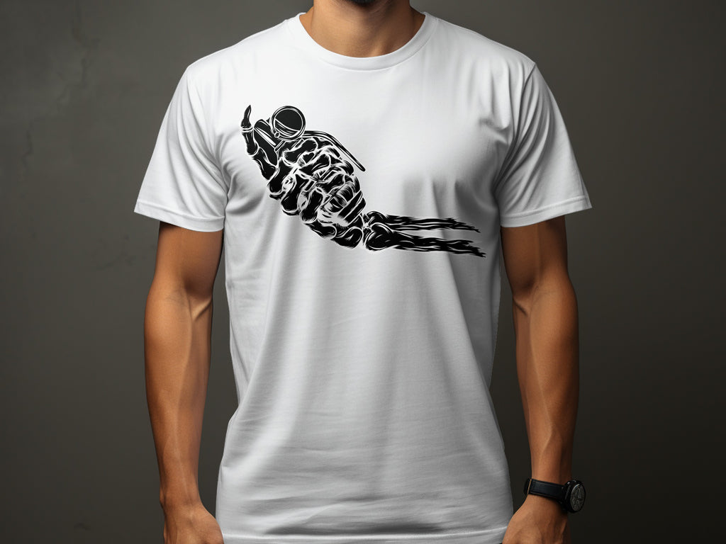 White t-shirt with a black graphic of a skeleton hand throwing a grenade.