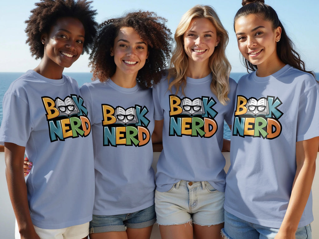 Four women wear light blue t-shirts with a "Book Nerd" graphic featuring open book and glasses.
