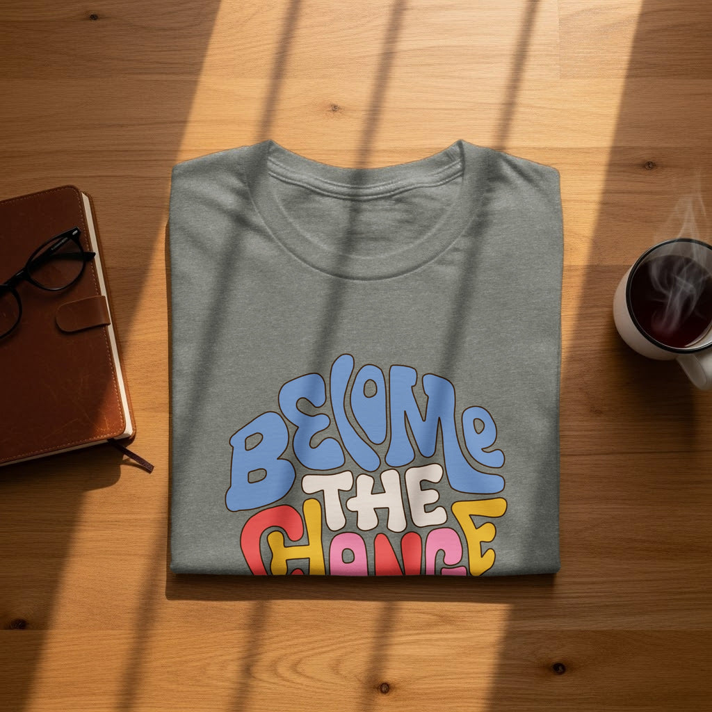 Gray t-shirt with "BE THE CHANGE" in colorful retro lettering.