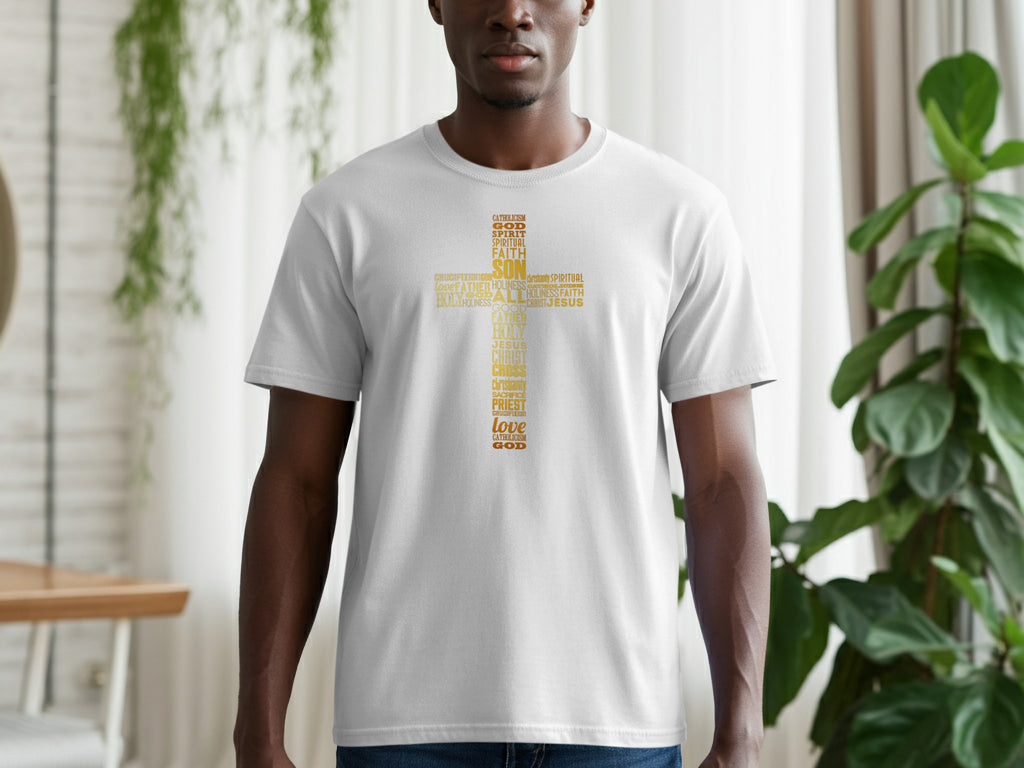 White t-shirt with a gold word cloud forming a cross with religious terms.