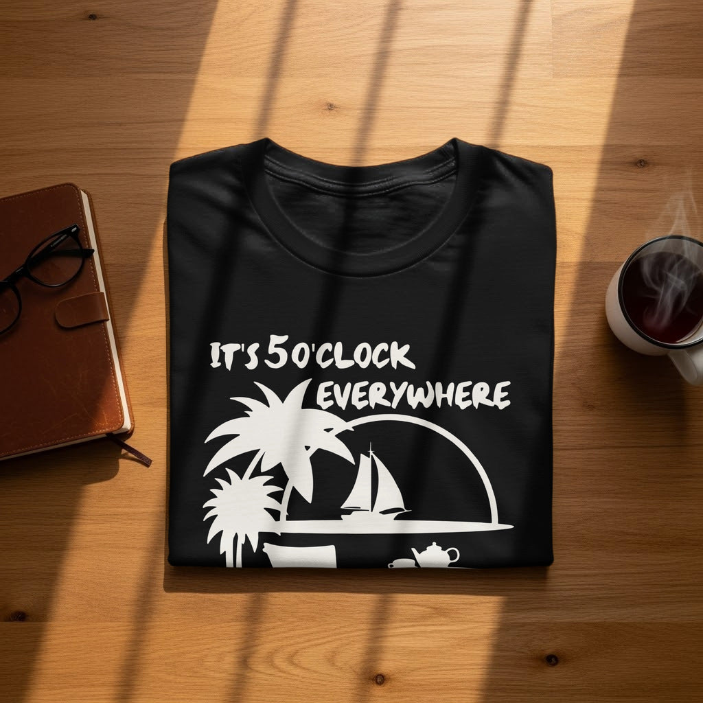 Black t-shirt with white text "IT'S 5 O'CLOCK EVERYWHERE" and tropical graphics.