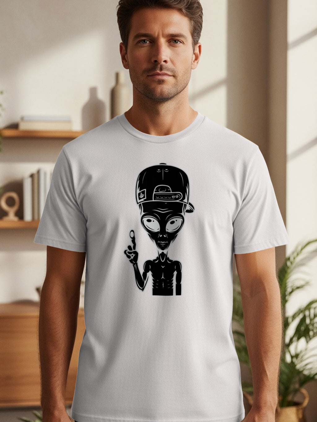 Black alien graphic wearing a baseball cap on a light grey t-shirt.