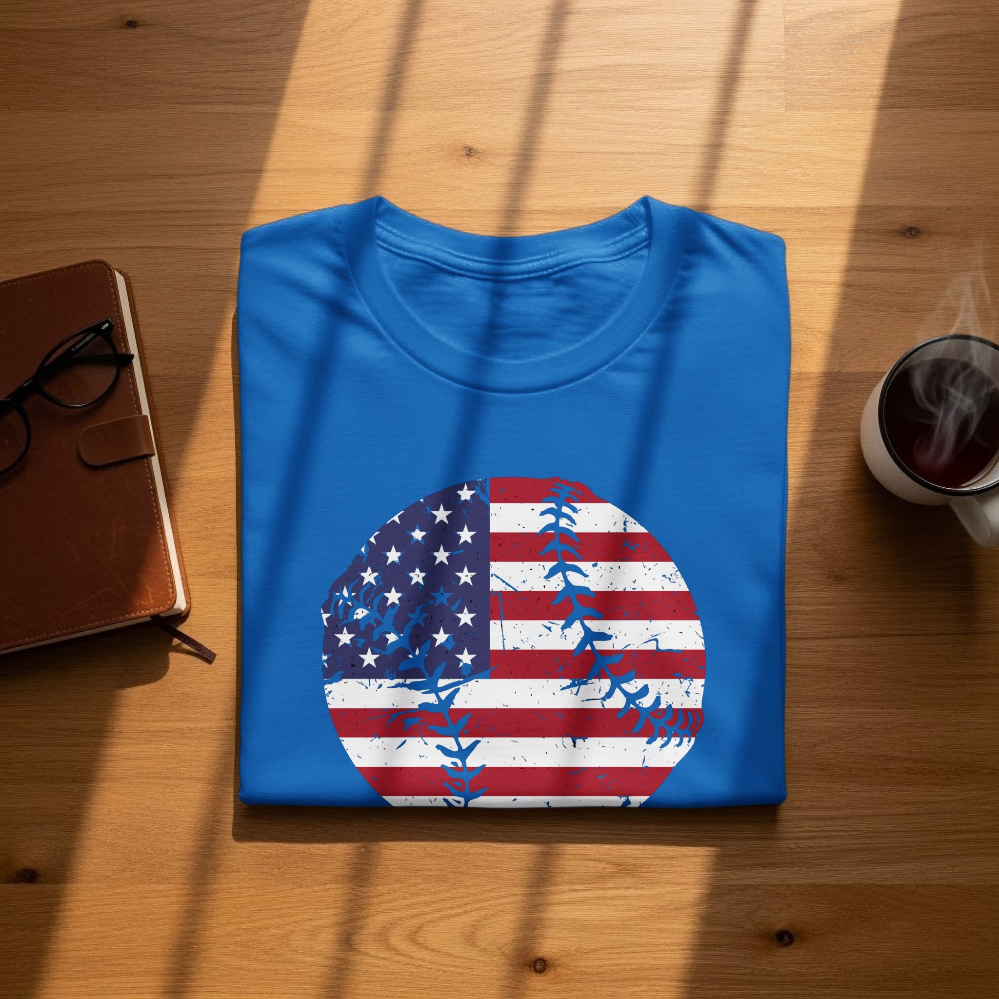Blue t-shirt with a distressed American flag baseball graphic.